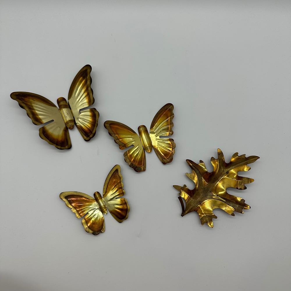 VTG MCM Homco Set of 4 Metal Hanging Butterflies & Leaf Copper Brass Wall Art